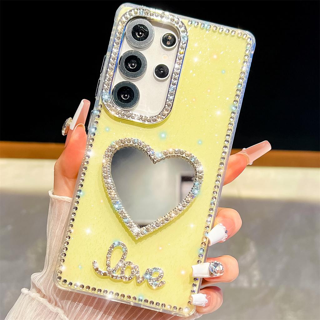 Handmade Sparkly Diamond Heart Mirror IMD Phone Case, Compatible with Samsung S23 Ultra/S24/S25 & A07/A15/A16/A17/A26/A35/A36/A55/A56