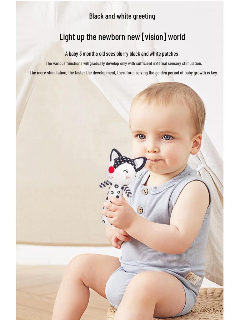 Happy Monkey Black & White Grasping Stick Pacifier Rattle for Newborns - Squeezable BB Stick Hand Rattle for Early Education