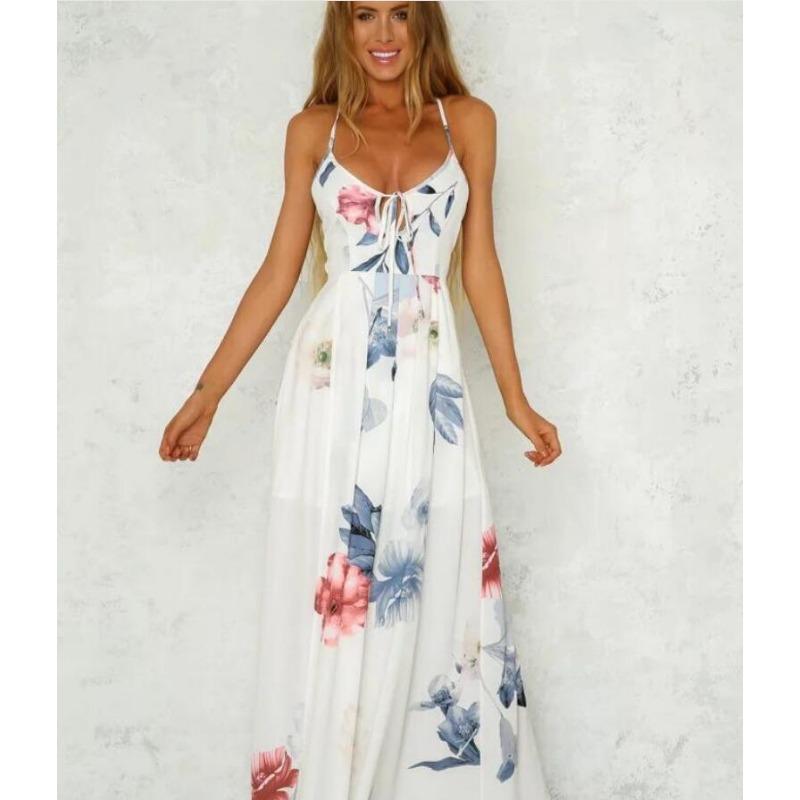 Women's Summer Printed Big Swing Fork Slimming Halter Long Dresses