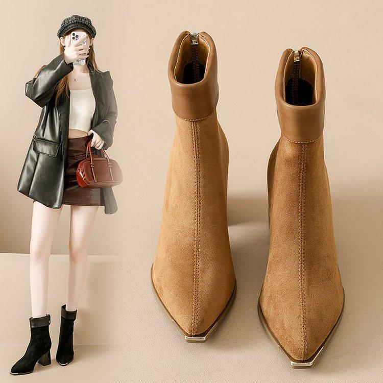 Retro Suede Splicing Pointed Thick Heel Short Boots Women's Winter New Thin Temperament Matte High Heel Fashion Boots 2025