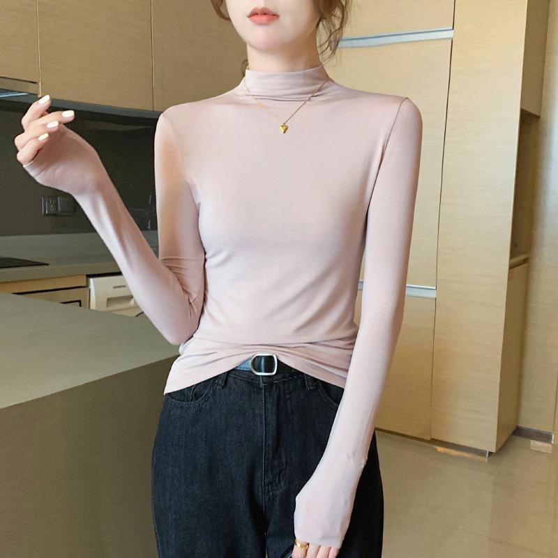Women's Black Mid-Neck Modal Base Layer Top - 2024 Long Sleeve Slim Fit for All Seasons