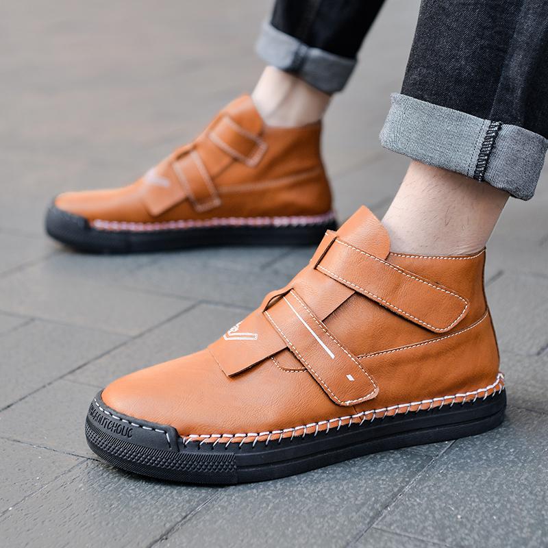 Fashion Italian Genuine Leather Boots British Style Round Head High Top Shoes Casual Platform New In Mens Luxury Slip on Shoes Handmade