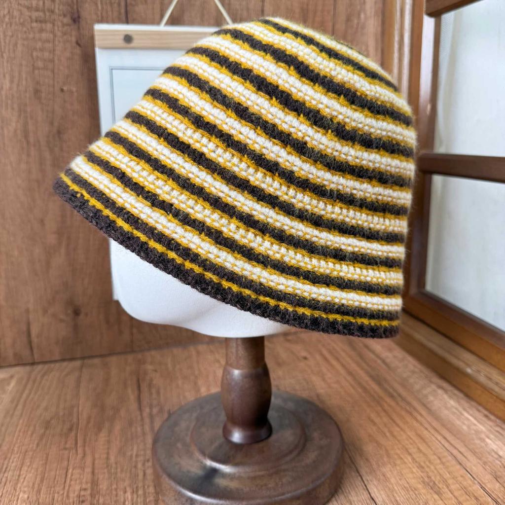 Premium Striped Contrasting Color Bucket Hat Retro Big Head Circumference Plain Face Small Versatile Warm Windproof Basin Hat