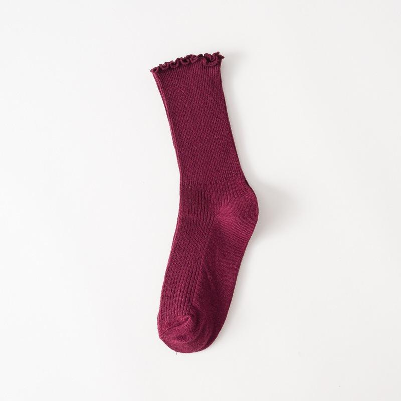 Ladies Spring and Autumn Solid Color All Build College Style Draw A Wooden Ear Side In The Tube Cotton Socks