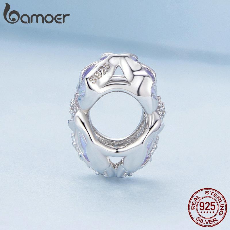 BAMOER 925 Sterling Silver Purple Flower Charm Pendant for Bracelet DIY Jewelry