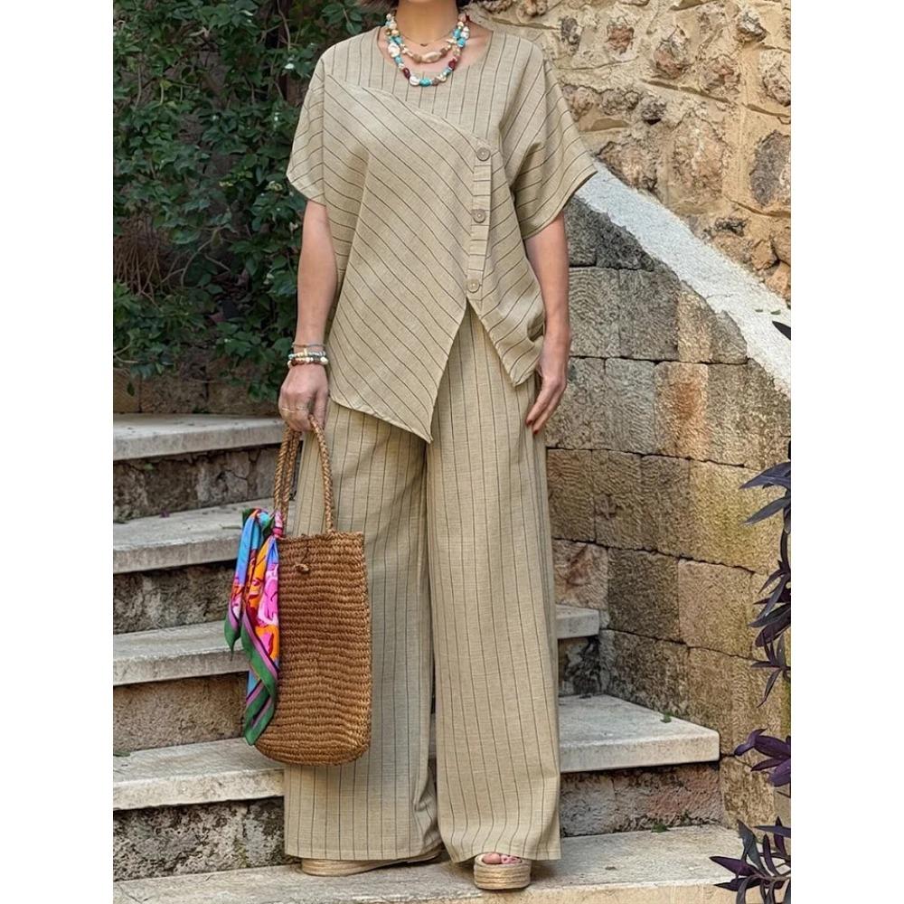 Women s Striped 2 Piece Outfit Asymmetrical Button Top and Wide Leg Pants Set S