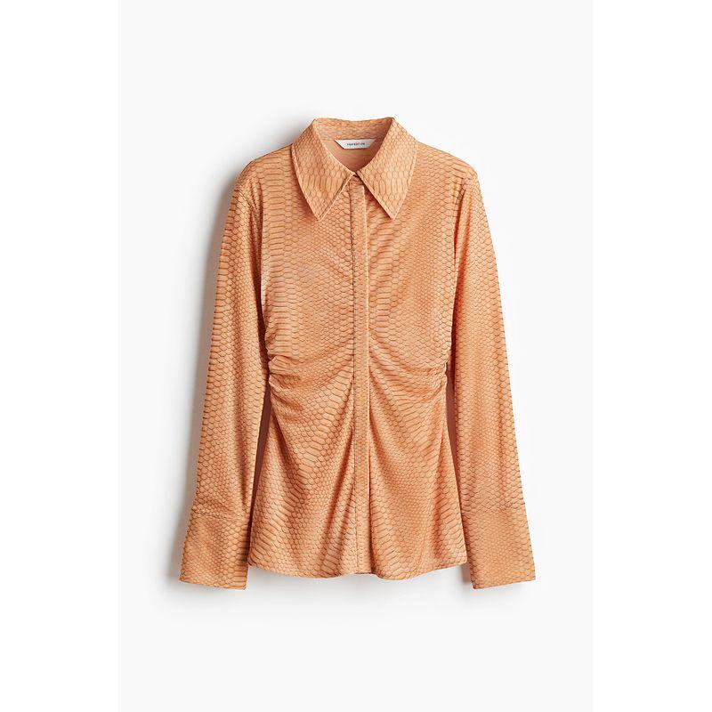 

HM S/S 2025 Women s Shirt Autumn New Arrival Wave Style Wear Snake Pattern Ruched Mesh Shirt 1291427 Beige/Snake 155/80(XS)
