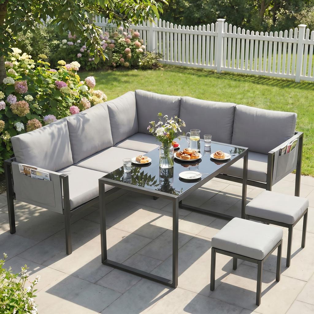 Garden Lounge Set, Outdoor Corner Sofa, 6 Pieces, 10 cm Cushions, High Table, 2 Footrests, Grey