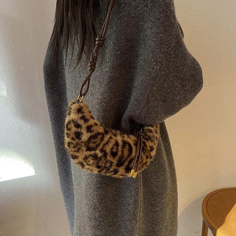 Leopard Print Faux Fur Shoulder Bag Vintage Women Plush Warm  Adjustable Strap Crossbody Bag CLE