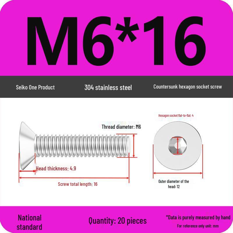 M2-M10 Stainless Steel Flat Head Machine Screws and Bolts Set, Countersunk Hex Socket Cap, 304 Grade.