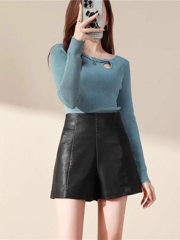 High Waist PU Leather A-Line Shorts for Women - 2023 Autumn/Winter Fashion, Korean Style, Slimming Wide Leg Booty Shorts