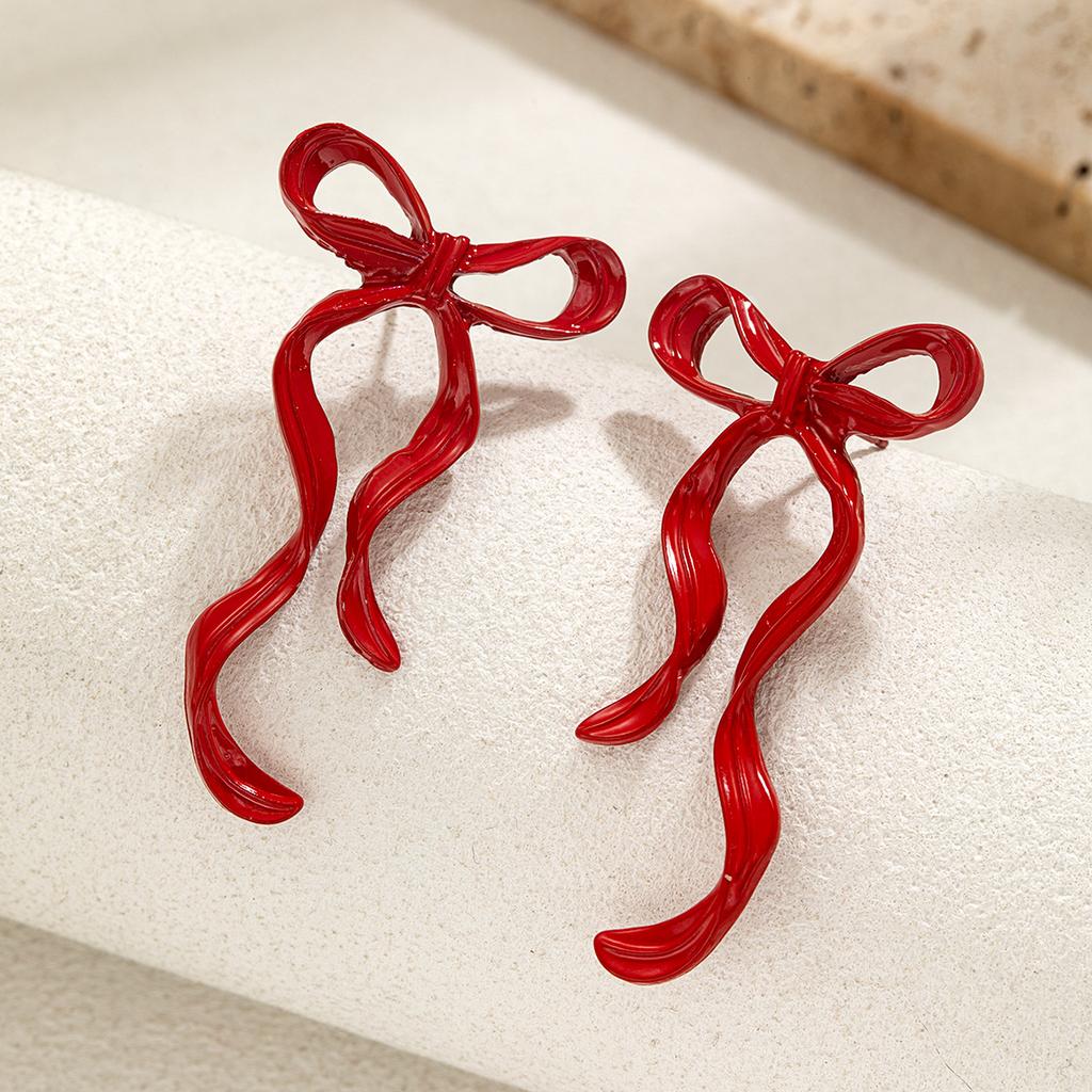1 Pair of Fashionable and Elegant Red Ribbon Bow Earrings, Valentine's Day Style Earrings