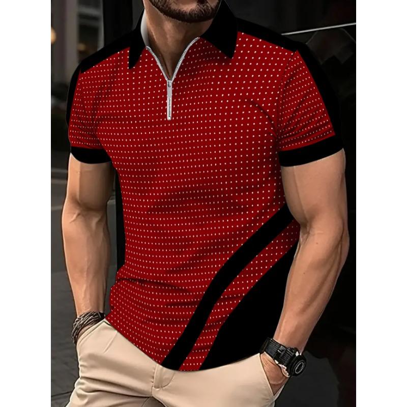 Men's White Blue Dot Print Half Zip Polo Shirt - Casual Short Sleeve Summer Top