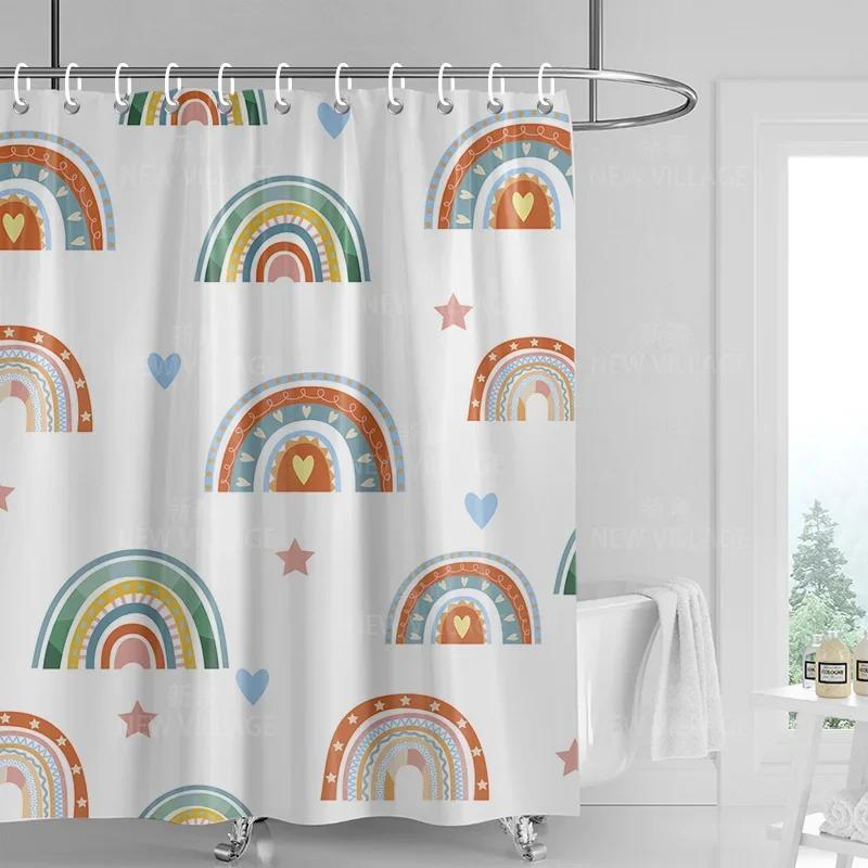 

Home Shower Curtains Bathroom Waterproof Fabric Non-Slip Bathmat Water Absorption Curtain Modern Nordic Rainbow Cute W60H190(CM)-1 Pcs