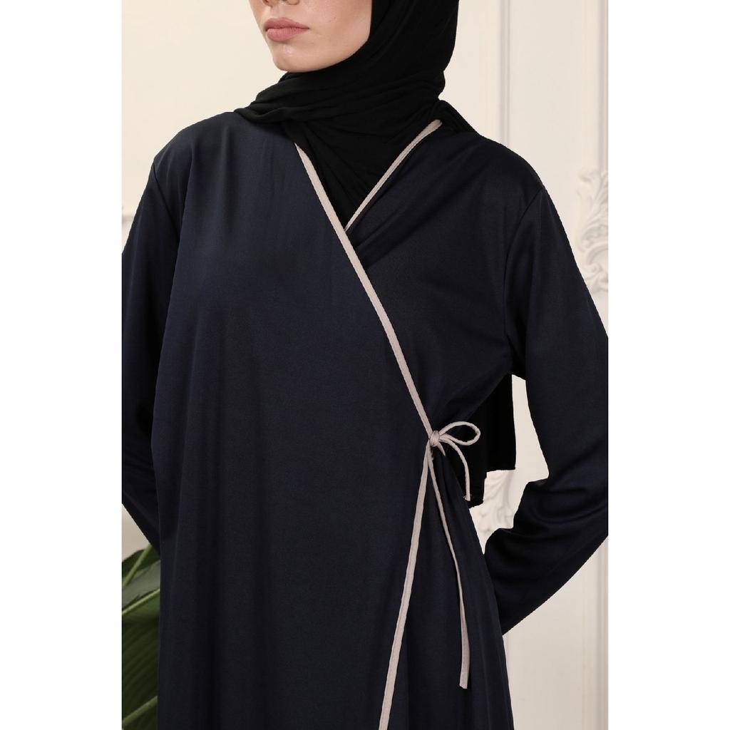 Black Double Breasted Neck Piping Flexible Interlock Fabric Prayer Dress