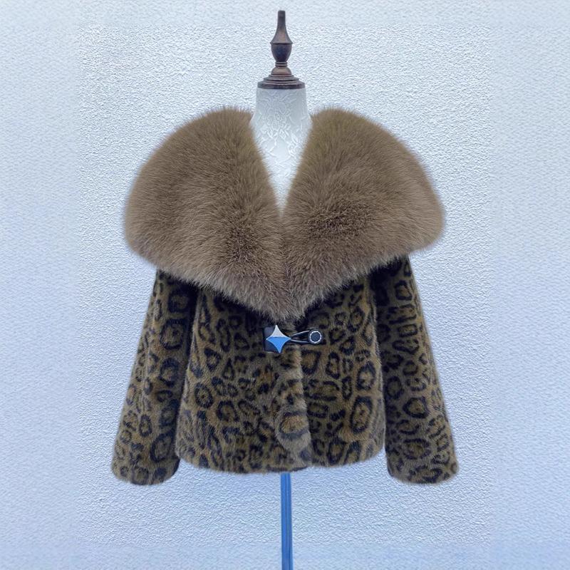

Меховая интегрированная куртка новый дизайн модный темперамент тренд зимняя утолщенная женская леопардовый принт топ L [Recommended 120-75kg] цветной печати леопарда