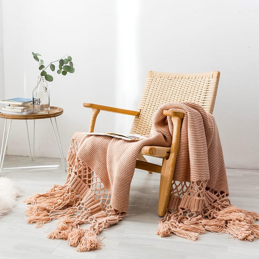 Knitted Blankets for Bed Sofa Bohemian Blanket with Tassel Thick Warm Crocheted Bedding Throw Cover for Travel Picnic Office Nap