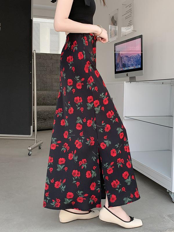 French Retro Print Chiffon A-Line Midi Skirt with Slit - Seaside Vacation Style