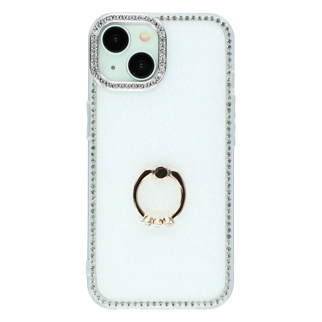 For iPhone 14/13 Case with Ring Kickstand Rhinestone Edge TPU+PC IMD Phone Cover