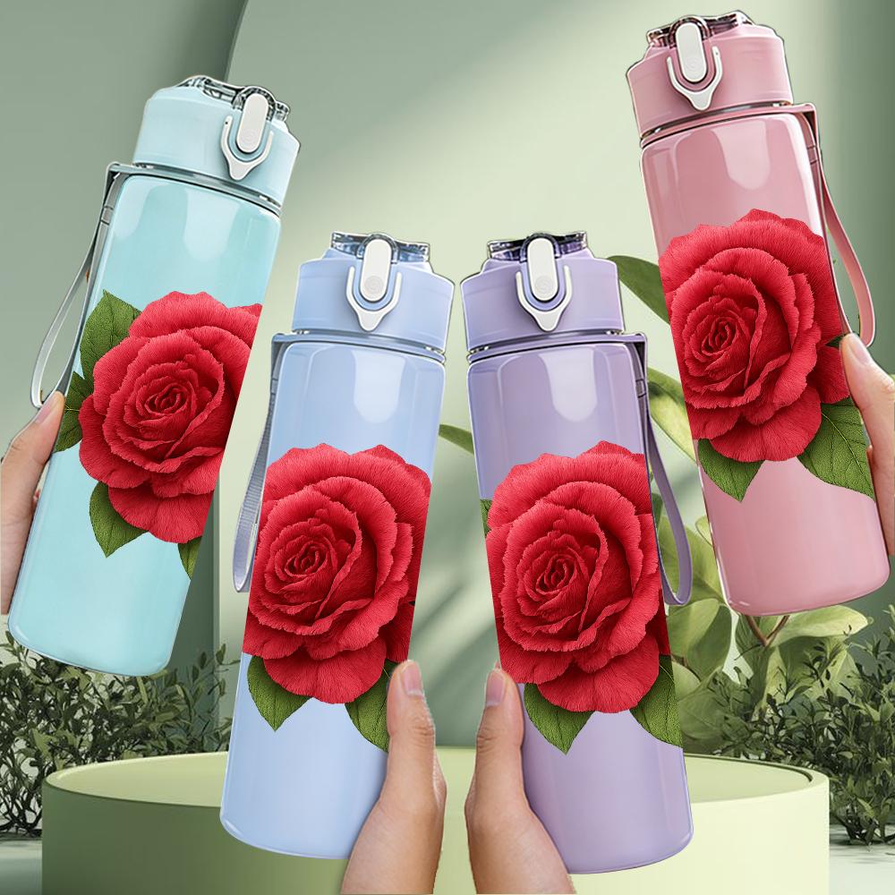 1PC Single Red Rose Bloom 750ml Color Plastic Sports Water Bottle Leakproof Flip Straw Lid For Sports Office Home Use