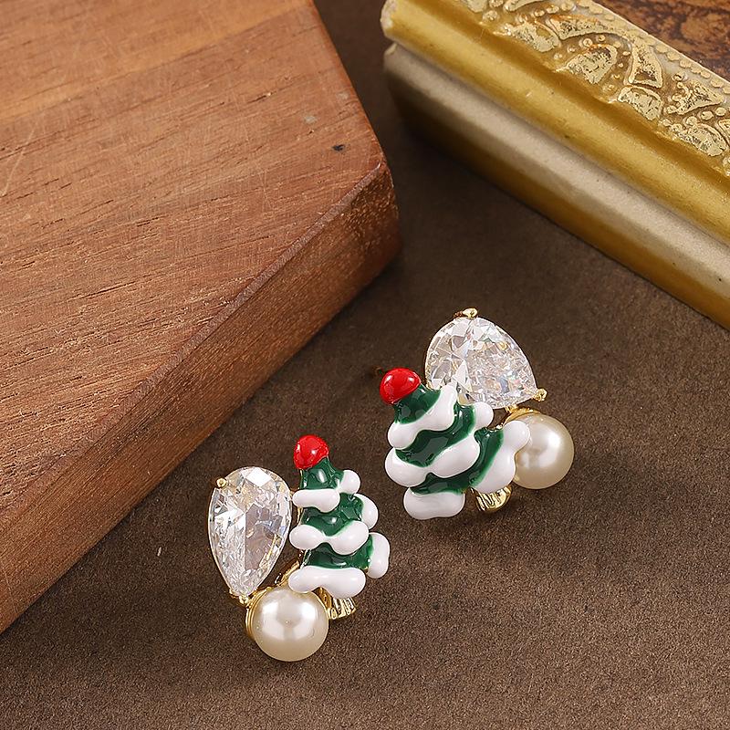 14K Gold-Plated Christmas Tree Drop Earrings with Silver Studs for Women