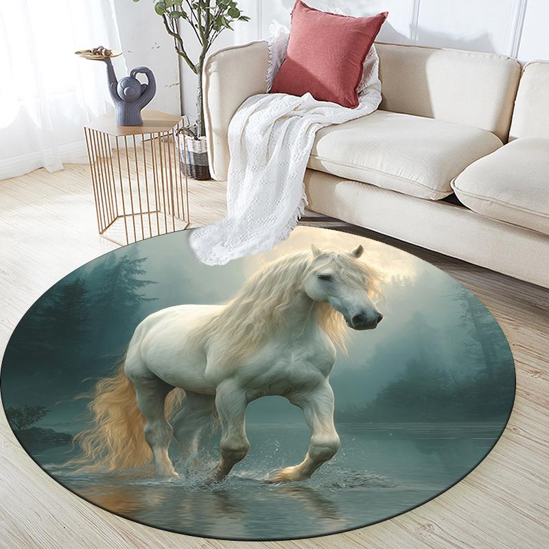 White Horse pattern round rug,Carpet Rug for Living Room Bedroom Sofa Playroom Decor,Non-slip Floor Mat,Holiday Gifts and Birthday Gifts