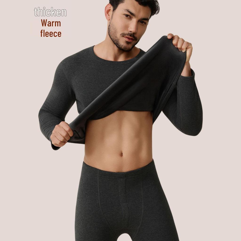 Men's and Women's Fleece-lined Crew Neck Warm Underwear Set: Heat-generating, Cold-proof, Pure Cotton for Autumn.