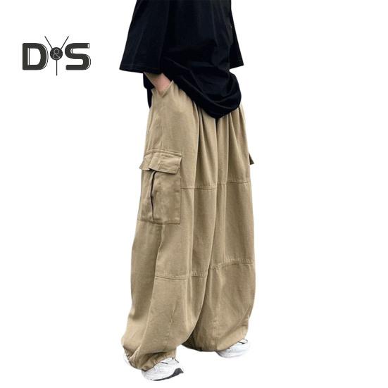 

Мужские брюки с несколькими карманами, эластичный пояс, широкие брюки, свободные винтажные брюки-карго, однотонные уличные брюки для походов на свежем воздухе, кемпинга M хаки