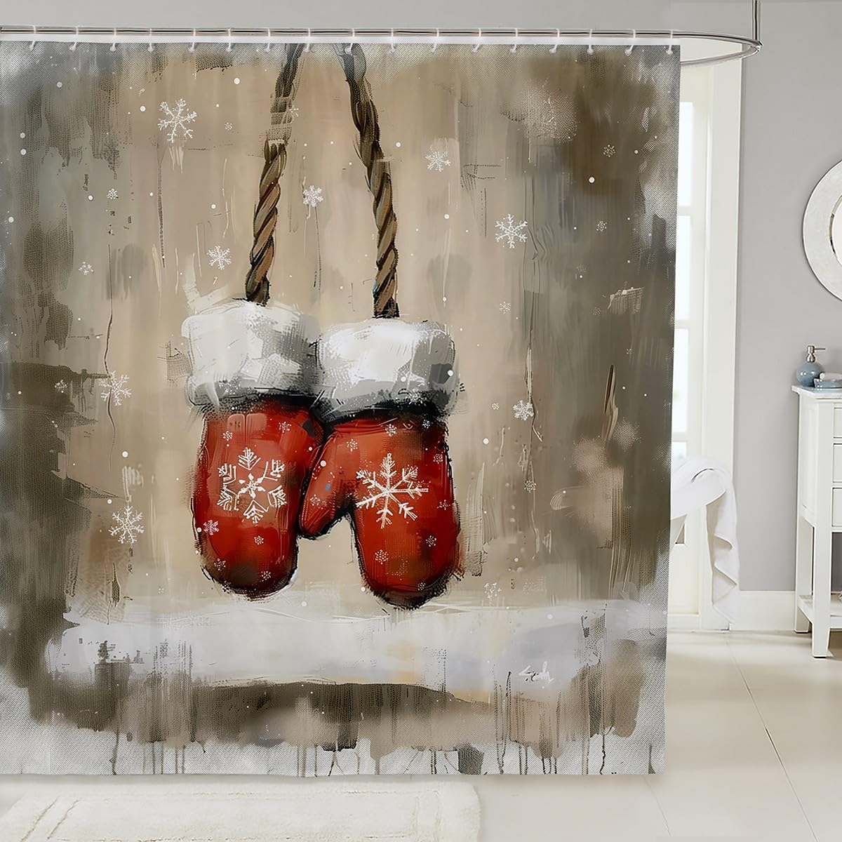 

Vintage Winter Gloves Christmas Shower Curtain, Farmhouse Waterproof Bathroom Decor With Rustic Xmas Pattern For Cozy Holiday W60H190(CM)-1 Pcs