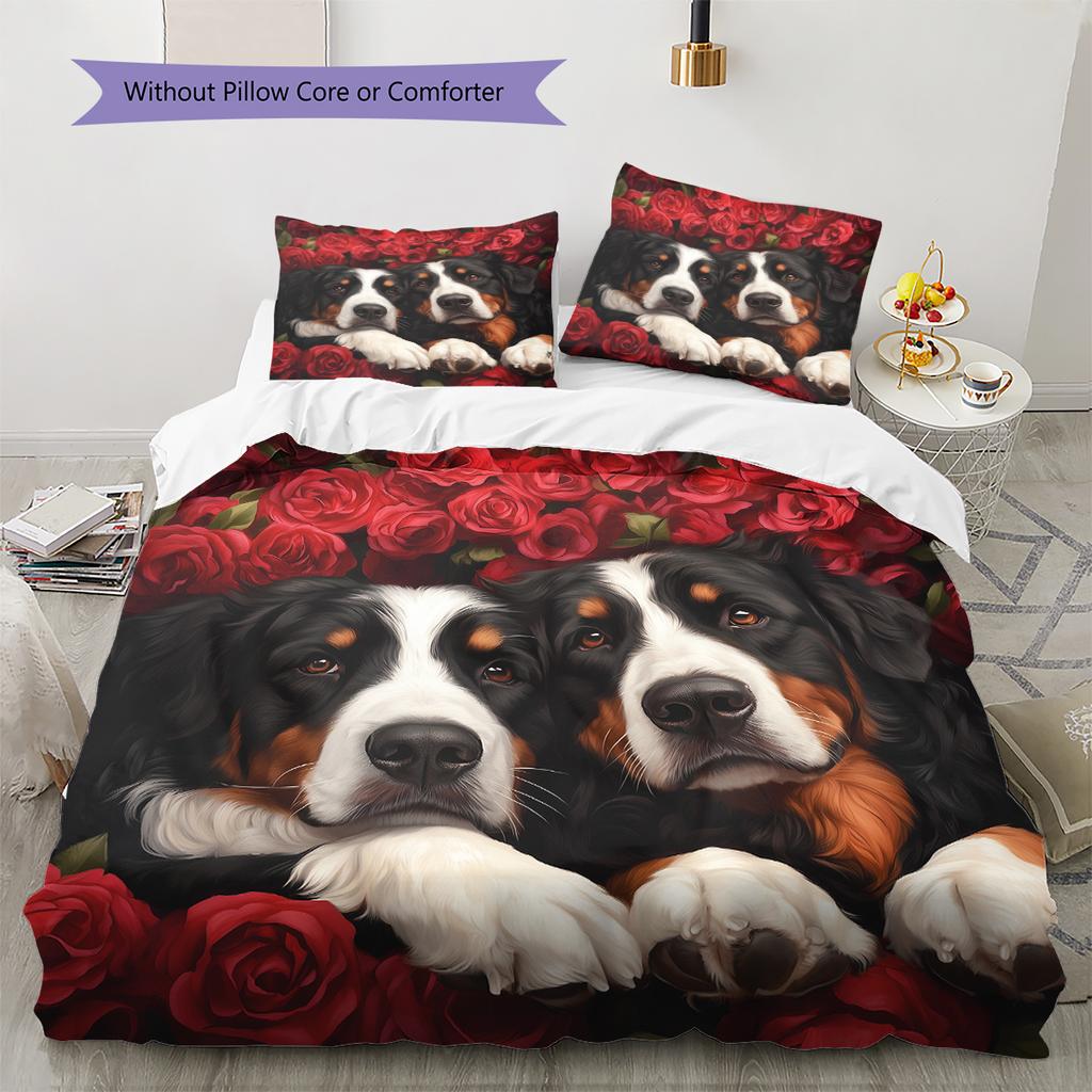 Bernese Mountain Dog and Rose Pattern Bedding Home Decoration Birthday Gift (1 * duvet cover + 2 * pillowcase, without core)