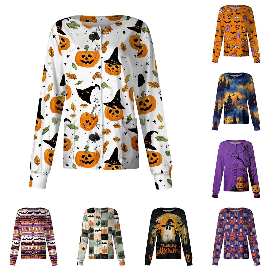 Women's Casual Long Sleeve Single Breasted Halloween Print Caregiver Cardigan Top Lightweight Comfortable Fit