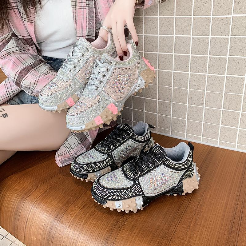 Aphixta Luxury Bling Sequine Sneaker Boots Spring Autumn Lace Up Women Shoes Thick Botton Rubber Sole Footwear Size43