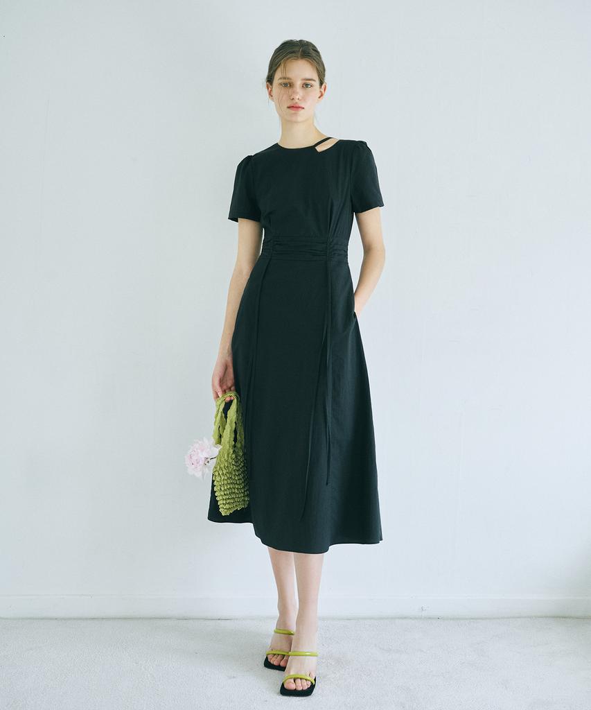 Etmont Neck Cut-Out Shirring Dress Black