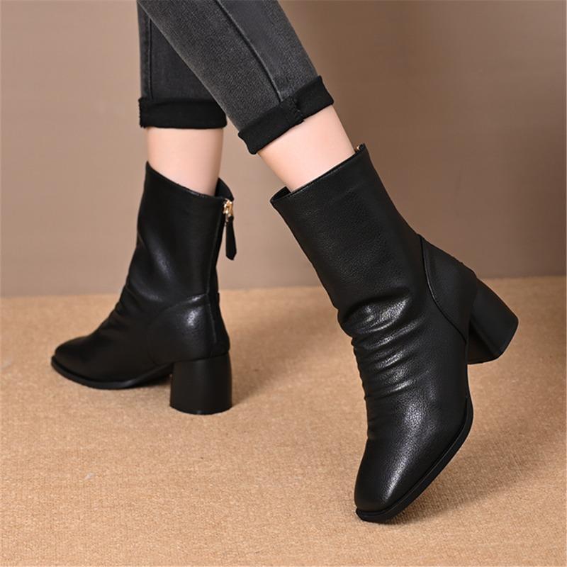 Soft leather women's boots winter new thick-heeled short boots medium boots high-heeled boots are thin and not tired Martin boots