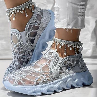 Summer Breathable, Perforated Mesh White Sneakers, Casual Boots, High-heeled, Comfortable, and Cake-soled Women's Shoes