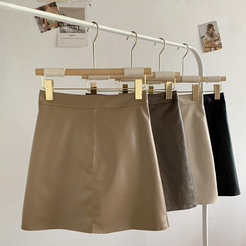 Zipper PU Leather Skirt with Safety Pants High Waist A-line Skirt Sweet Short Mini Skirts  Girls