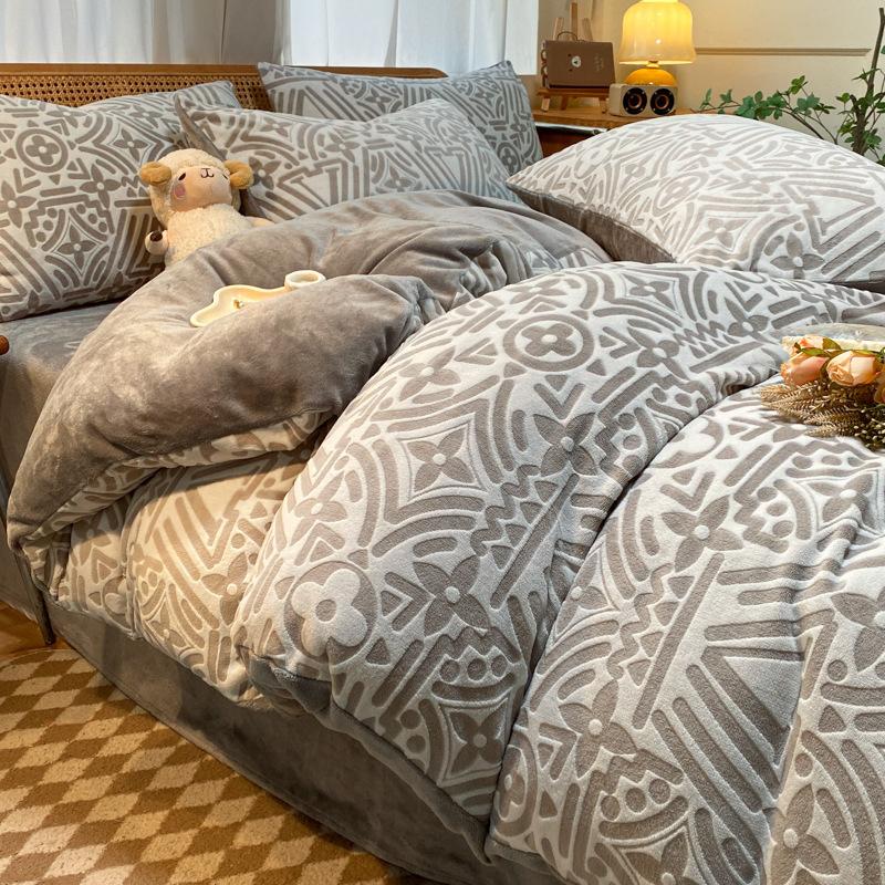 Double-Sided Thickened Milk Coral Fleece Bed Four-Piece Set Fleece Quilt Cover Coral Flannel Bed Sheet Bedding