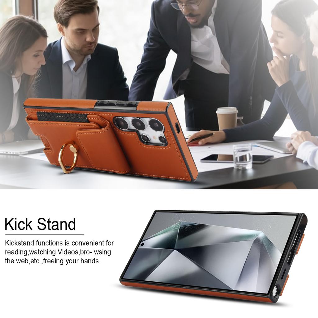 For Samsung Galaxy S24 Ultra Case with Ring Kickstand Leather Coated TPU Phone Cover