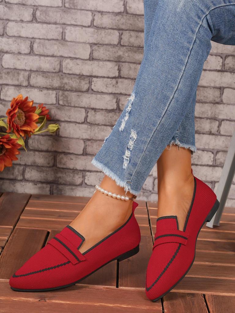 Plus Size Flyknit Pointed Toe Women's Spring 2026 Comfortable Casual Loafers Slip-on Flats
