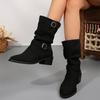 Large size square heel buckle cowboy style stacking boots autumn and winter new round head versatile fashion women's boots