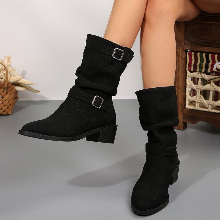 Large size square heel buckle cowboy style stacking boots autumn and winter new round head versatile fashion women's boots