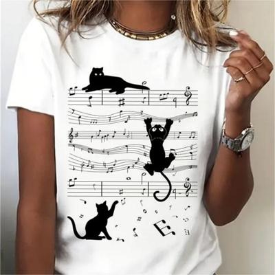 Cat&Sheet Music Printed T-Shirt Casual Round Neck Short Sleeve Top Summer Breathable Women's Clothing Plus Size T-Shirt