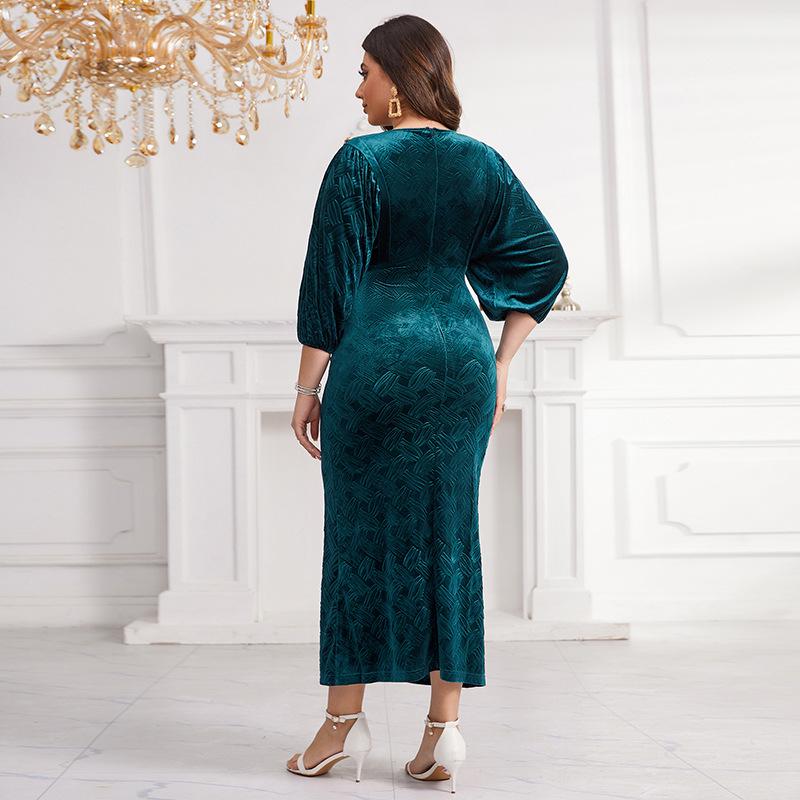Velvet Embossed Beaded Lantern Sleeve Slim Fit Dress