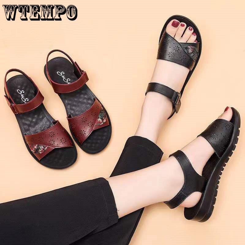 

Женские сандалии Кожаные туфли для мам с мягкой подошвой Летняя мода Удобная обувь Нескользящие сандалии на плоской подошве среднего возраста с толстой подошвой | ПУ Материал 35 чёрный