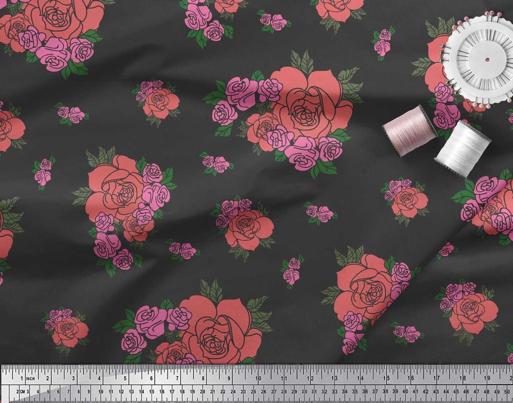 Soimoi Black Japan Crepe Satin Fabric Leaves & Rose Floral Fabric Prints Meter 42 Inch