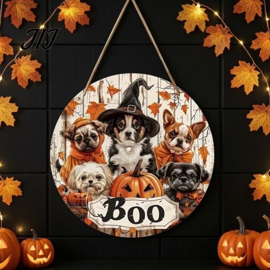 Front Porch Hanging Sign Wooden Halloween Door Sign, Cute Puppy Witch Hat Pumpkin Boo Festive Home Ornament Hanger, Fall Maple Leaf Wall Decor