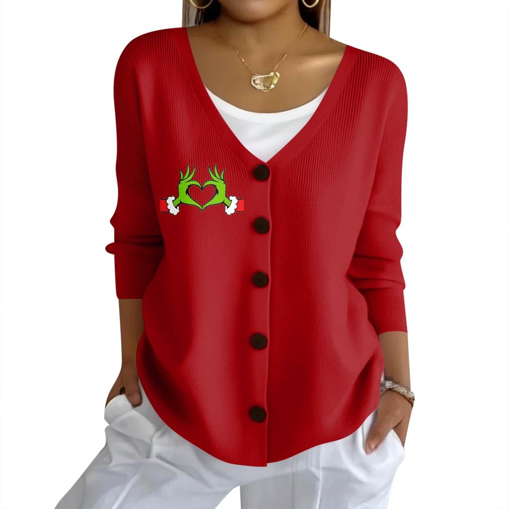 Women's Fashion Casual Knit Sweater Button-Up Christmas Print Cardigan Jacket