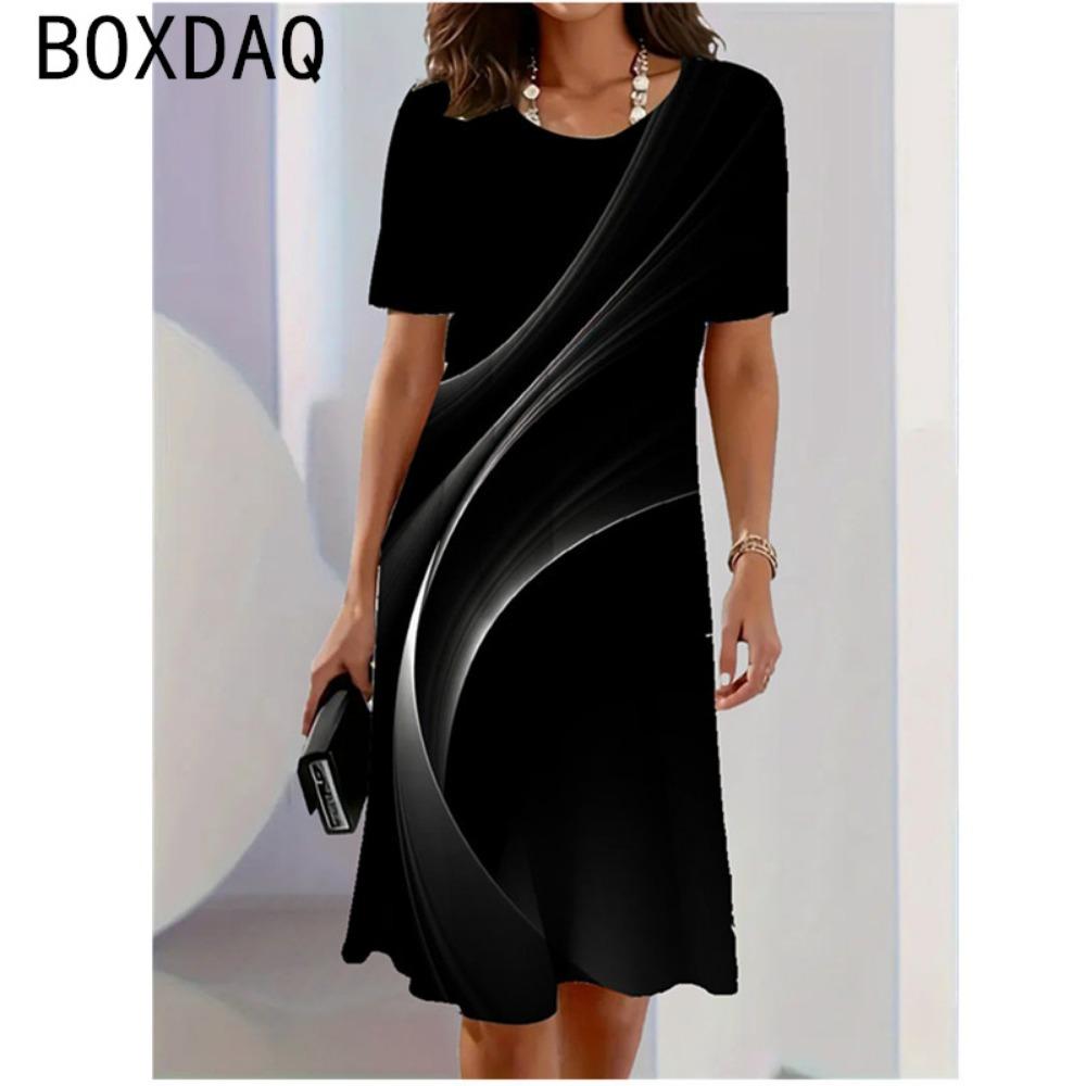 Fashion 3D Colorful Line Stripe Gradient Printed Dress Casual O-Neck Short Sleeve Loose A-Line Dress Oversized Women Clothing