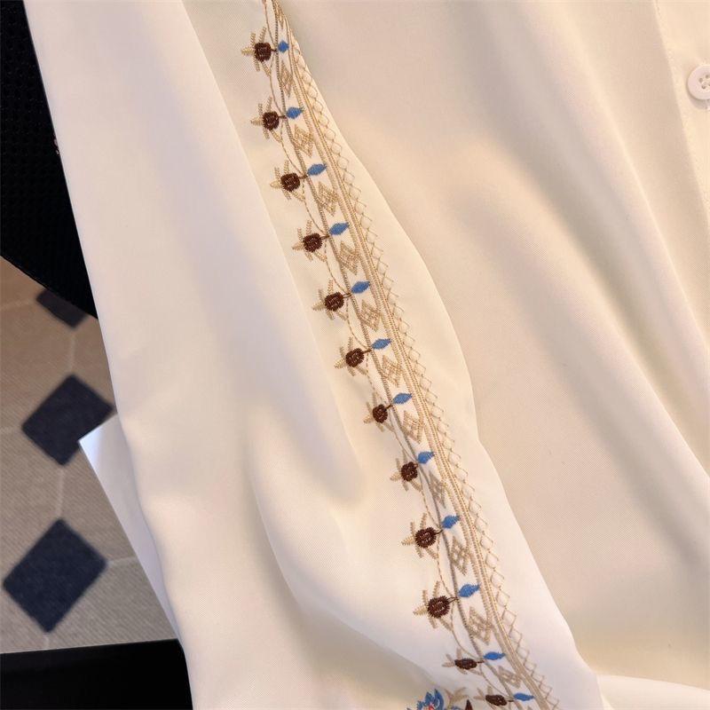 Women Ethnic Embroidered Long Sleeve Blouse Loose Fit French Style Professional Office Shirt