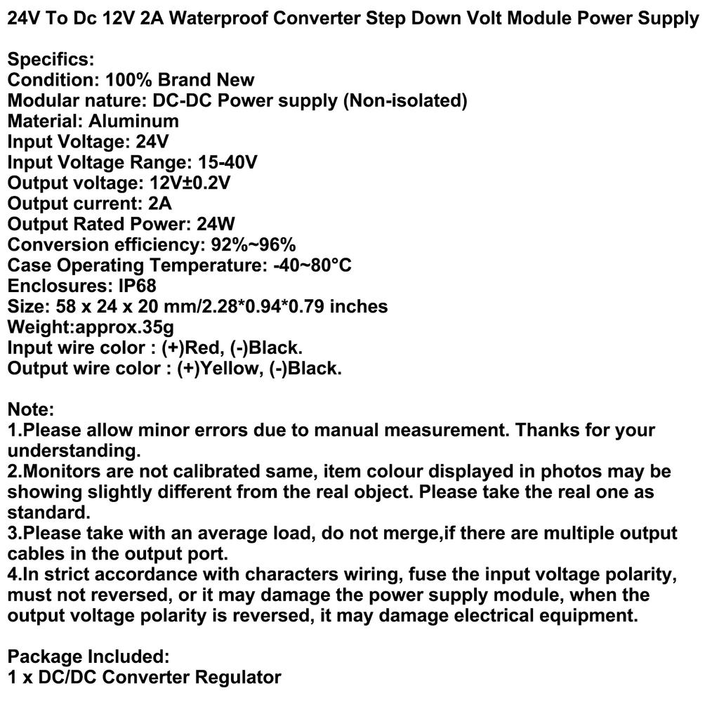 24V To Dc 12V 2A Waterproof Converter Step Down Volt Module Power Supply